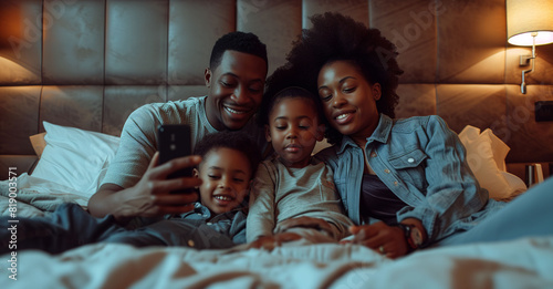 An African American family enjoying some relaxation time together in bed. Concept of traditional family and parent-child relationship