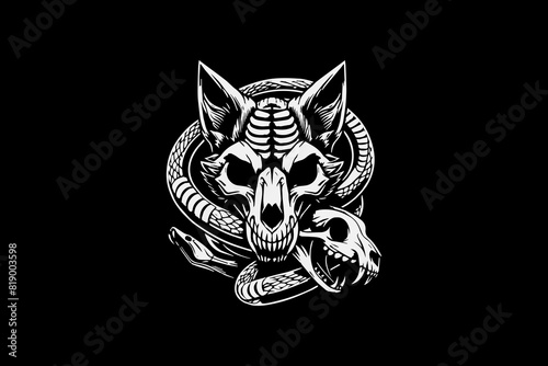 Monster skeleton fox with snake vector design template black and white