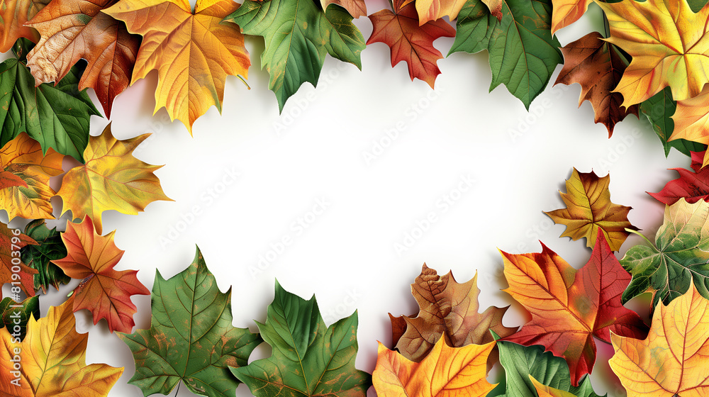 Fototapeta premium Autumn leaves frame with white background.