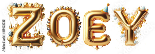 ZOEY Letters - Golden Balloon, 3D - Isolated on Transparent or White Background PNG - Best for Birthday Illustration Design	 photo