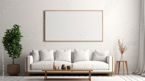 Elegant white living room with a large blank canvas