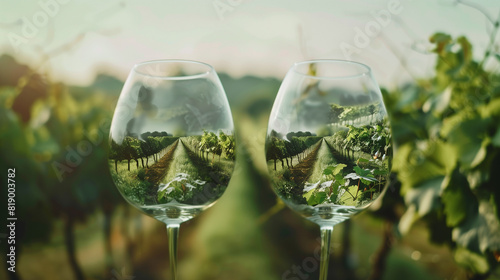 Two wine glasses set against a vineyard.