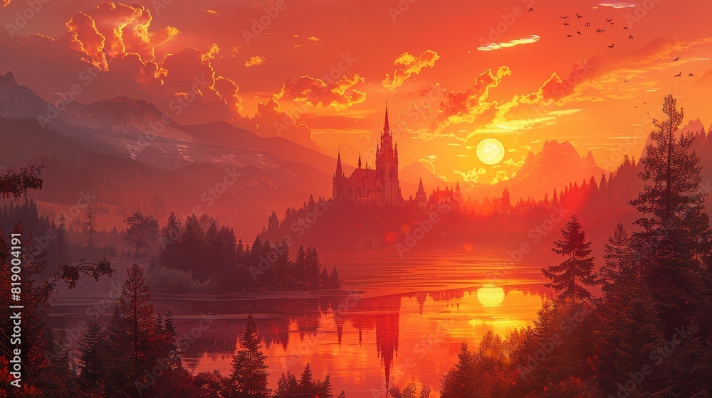 Generate a visual narrative of a sunset in a fantasy realm
