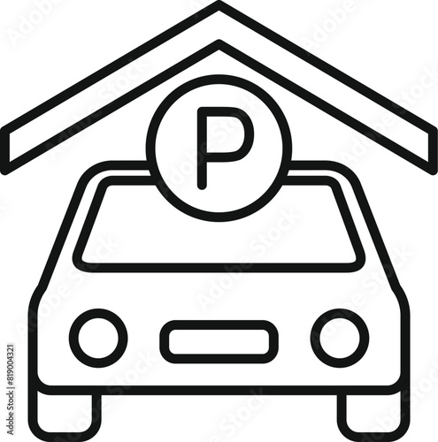 Line art icon featuring a car parked under a shelter with a parking sign