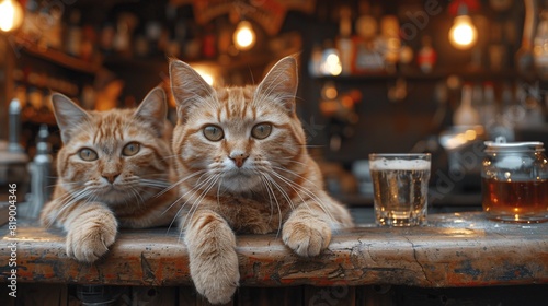 Red fluffy cat at the bar behind the counter in a pub with a glass of light beer, on St. Patrick's Day, banner