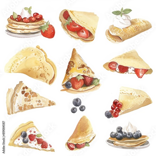 crepes with various fillings, illustrated with a chalk-like texture, gentle colors, on a pure white canvas photo