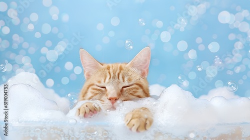Cute beige cat taking a bubble bath Creative banner for advertising