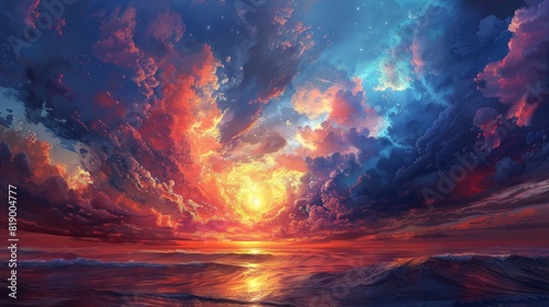 Generate a visual narrative of a surreal sunset seascape