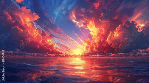 Generate a visual narrative of a surreal sunset seascape