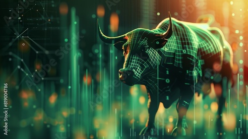 Stock market bull market trading up green graph  in an economic boom theme  highlighting success  with a futuristic tone  and a complementary color scheme