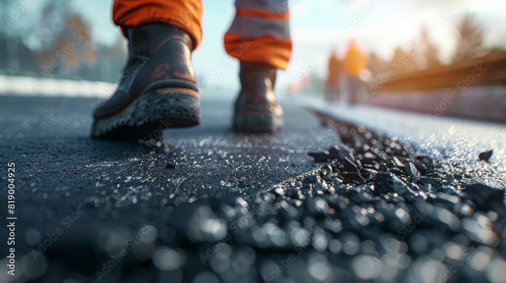 Highlight a civil engineer inspecting the freshly laid asphalt on a roadway, capturing the detailed textures and quality control, close-up, photorealistic, with Overlay