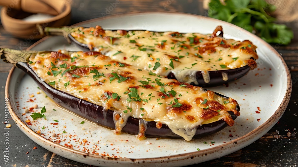 rustic baked eggplant with melted cheese served on white plate with harsh shadows minimalist food photography rustic baked eggplant with melted cheese served on white plate with harsh shadows minimalist food photography