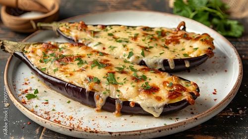 rustic baked eggplant with melted cheese served on white plate with harsh shadows minimalist food photography