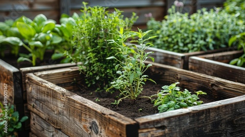 rustic wooden raised garden beds growing herbs and vegetables countryside organic gardening