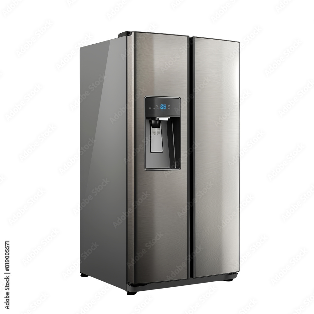 A sleek, stainless steel double door refrigerator featuring a built-in water dispenser and digital display A sleek, stainless steel double door refrigerator featuring a built-in water dispenser and digital display