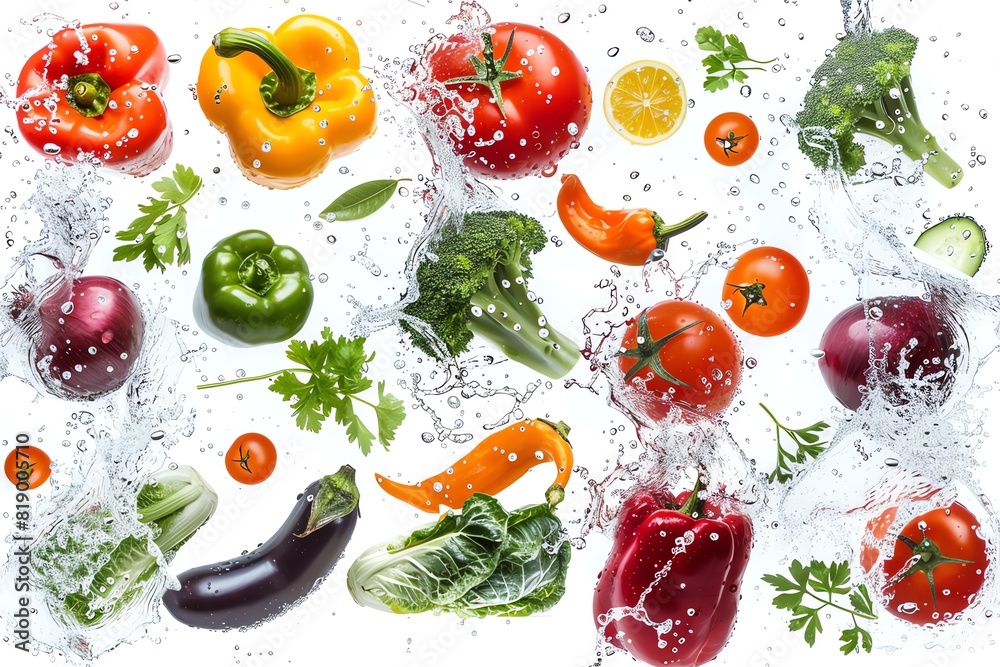 Vibrant fresh vegetables with water splashes on white background image Vibrant fresh vegetables with water splashes on white background image