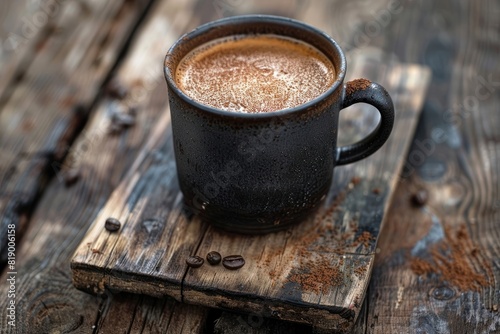 hot coffee  tea or chocolate in black cup on wooden plank