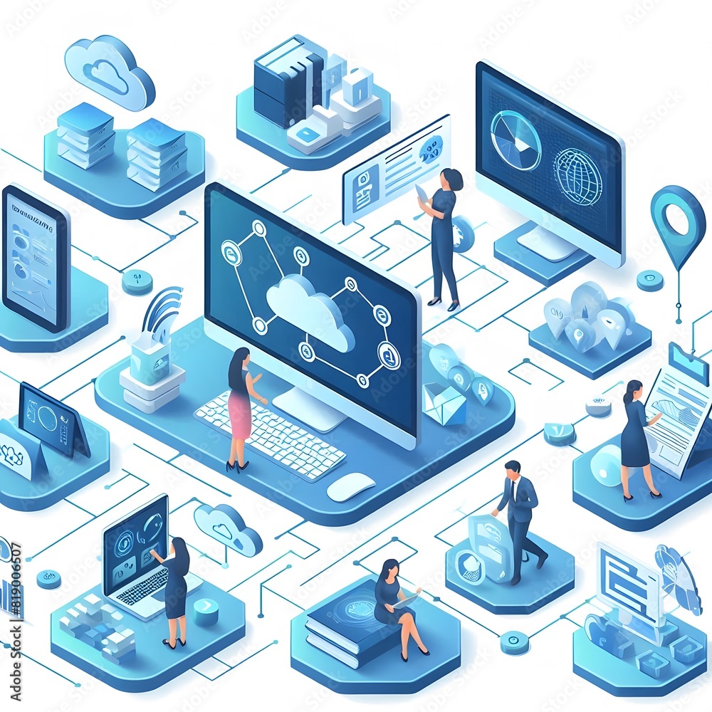 Obraz premium AI Generate of Isometric Human Interaction with Technology and Data Analytics, Data Science, Data Processing, Business Intelligence, BI, Data System.