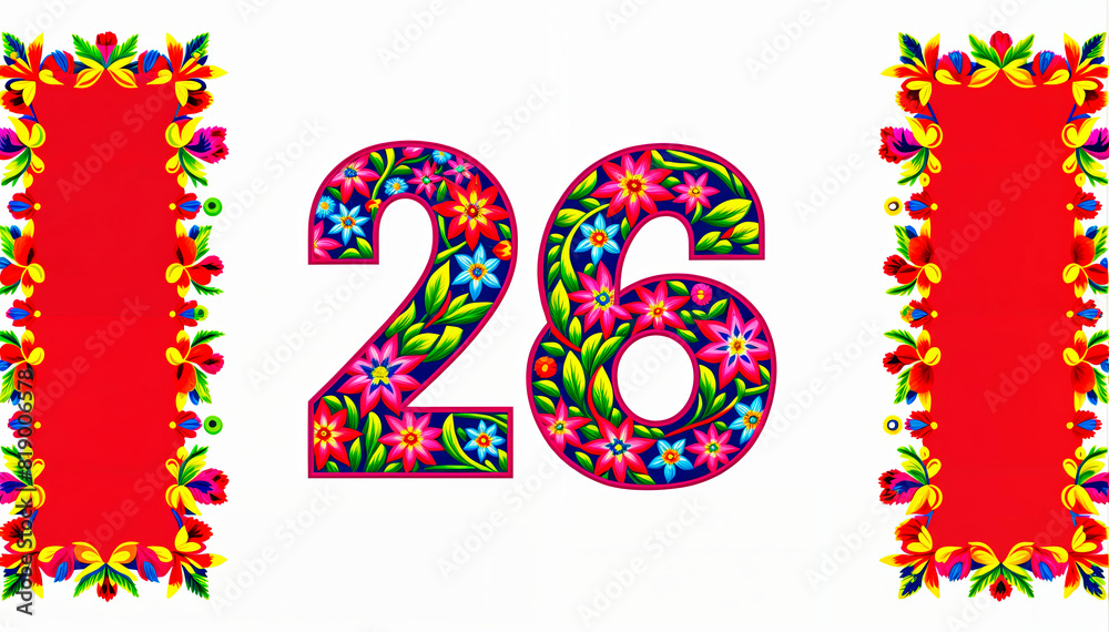 floral number 26 design with intricate patterns on a white background framed by red floral borders. Concept: celebration, milestone birthday, anniversaries. Ideal for event planners, greeting cards floral number 26 design with intricate patterns on a white background framed by red floral borders. Concept: celebration, milestone birthday, anniversaries. Ideal for event planners, greeting cards