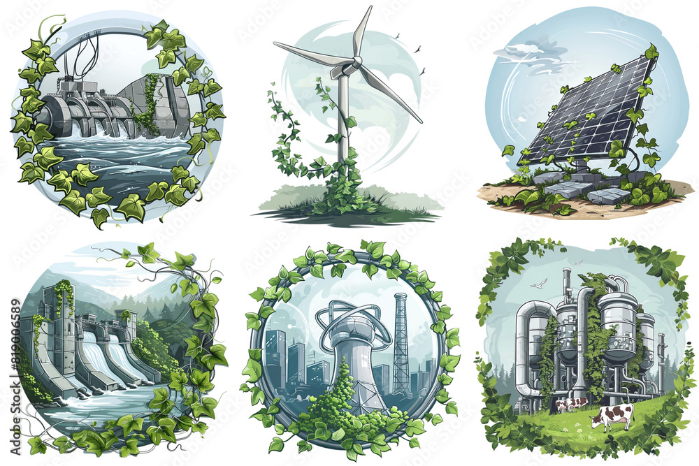 Set of renewable energy sources on transparent background. Ecology and ...