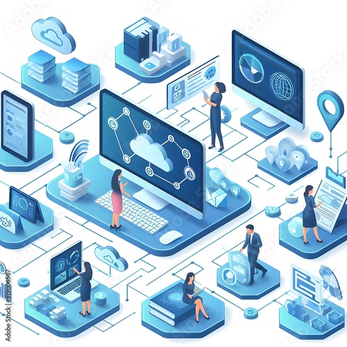 AI Generate of Isometric Human Interaction with Technology and Data Analytics, Data Science, Data Processing, Business Intelligence, BI, Data System.