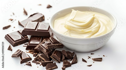 A bowl of melted white chocolate and broken pieces of chocolate bar isolated on a white background photo