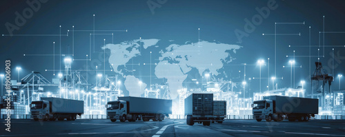 A cityscape with a large globe in the center and several trucks surrounding it. The trucks are parked on a street and the globe is lit up, giving the image a futuristic and industrial feel