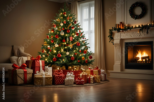 Christmas tree with gifts and decorations.