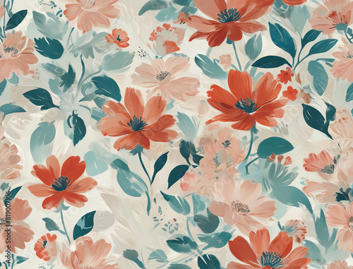 Retro Red and Teal Abstract Flowers on White Background Gen AI