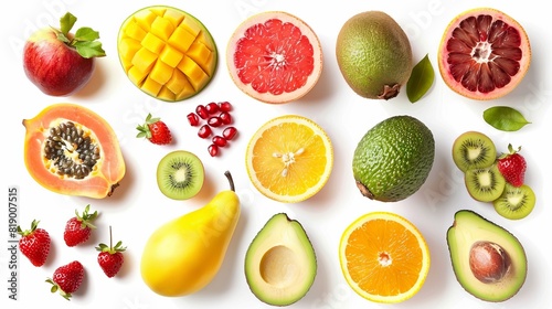 A variety of fruits and berries including apple  strawberry  pomegranate  mango  avocado  orange  lemon  kiwi  and peach  isolated on a white background  flat lay  top view