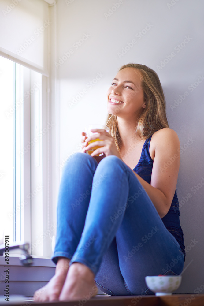 Home, thinking and woman with orange juice, window and smile with ideas, relax and happiness in lounge. Apartment, person and girl with nutrition, smoothies and break with decision, peace and calm Home, thinking and woman with orange juice, window and smile with ideas, relax and happiness in lounge. Apartment, person and girl with nutrition, smoothies and break with decision, peace and calm