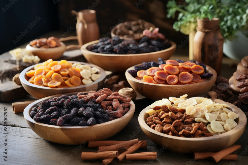 Organic dried fruits displayed in natural wooden bowls, emphasizing texture and natural tones, suitable for a healthy snack promotion. Organic dried fruits displayed in natural wooden bowls, emphasizing texture and natural tones, suitable for a healthy snack promotion.