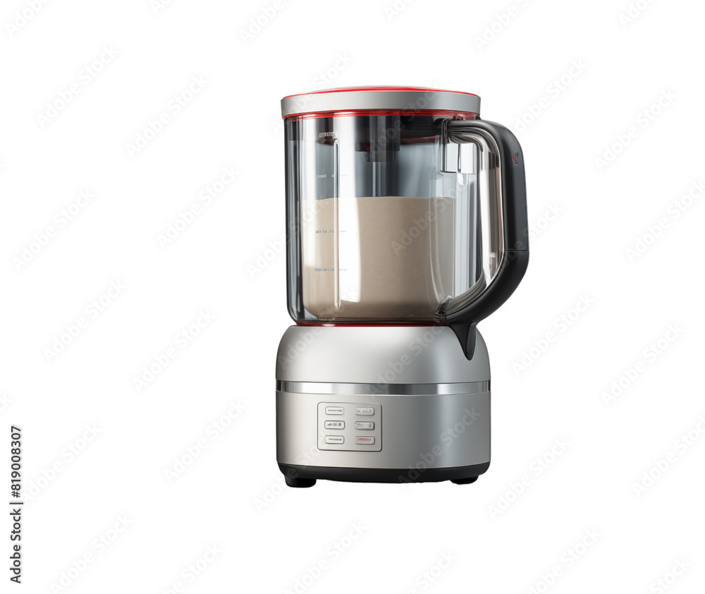 A silver and red blender sits on a clean white background A silver and red blender sits on a clean white background