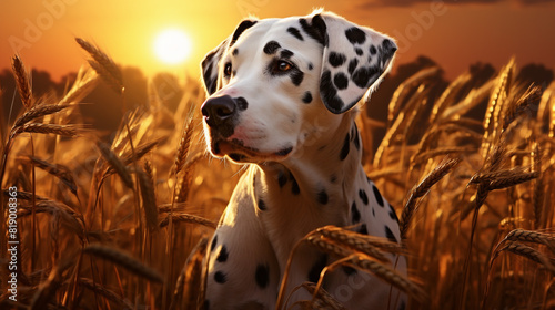 A Dalmatian sitting regally amidst a field of tall golden wheat  its coat shining bright against the backdrop of the setting sun.