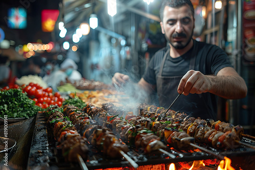 A street food vendor skillfully grills a variety of flavorful kebabs at a bustling night market. photo