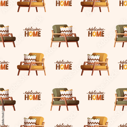 Seamless pattern design with cozy armchairs. Interior design, furniture, home decor concept. Vector illustration for background, scrapbooking, wrapping paper.