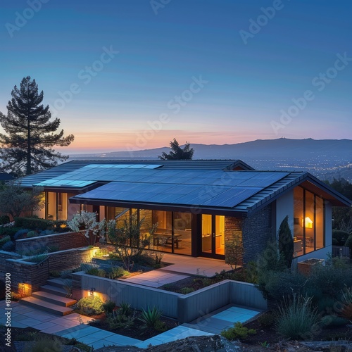 A home with a solar panel system on the roof captures sunlight  representing the harmony of green technology  ecology  and sustainable living at dusk.