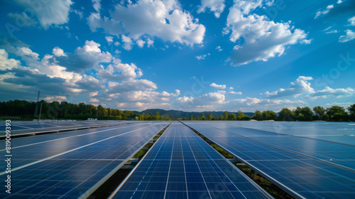 Solar panels stretch across a field under a cloudy blue sky, highlighting sustainable energy solutions.