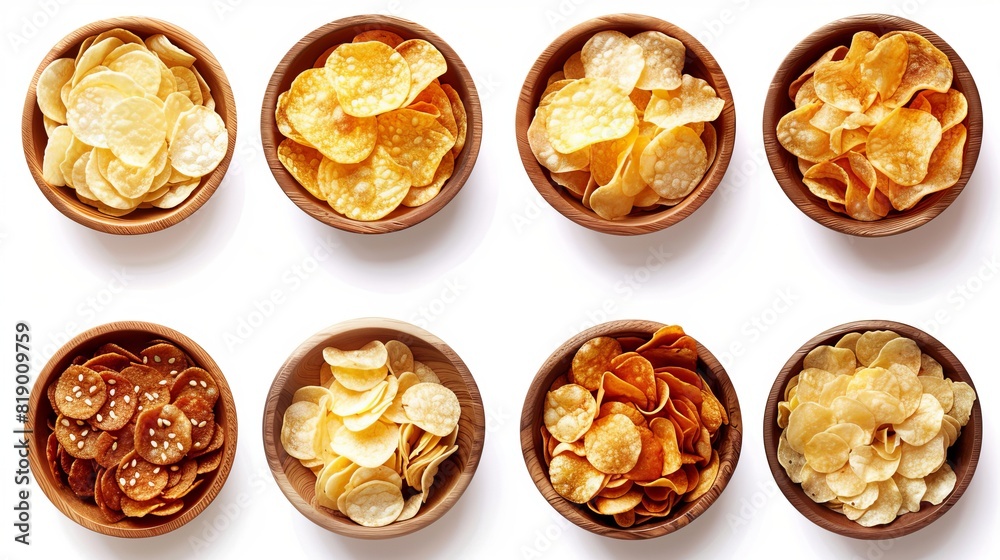 Collection of various flavored potato chips in bowls, isolated on a white background, top view Collection of various flavored potato chips in bowls, isolated on a white background, top view