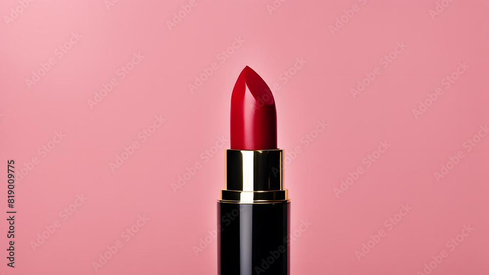 a red lipstick with a gold rim on a pink background a red lipstick with a gold rim on a pink background