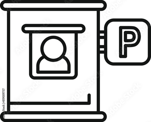 Black and white vector illustration of a parking meter with a profile icon