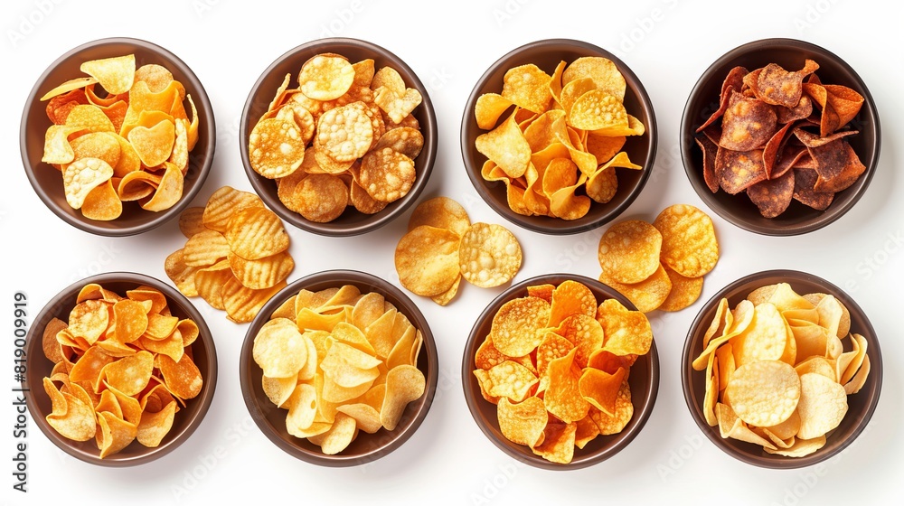 Collection of various flavored potato chips in bowls, isolated on a white background, top view