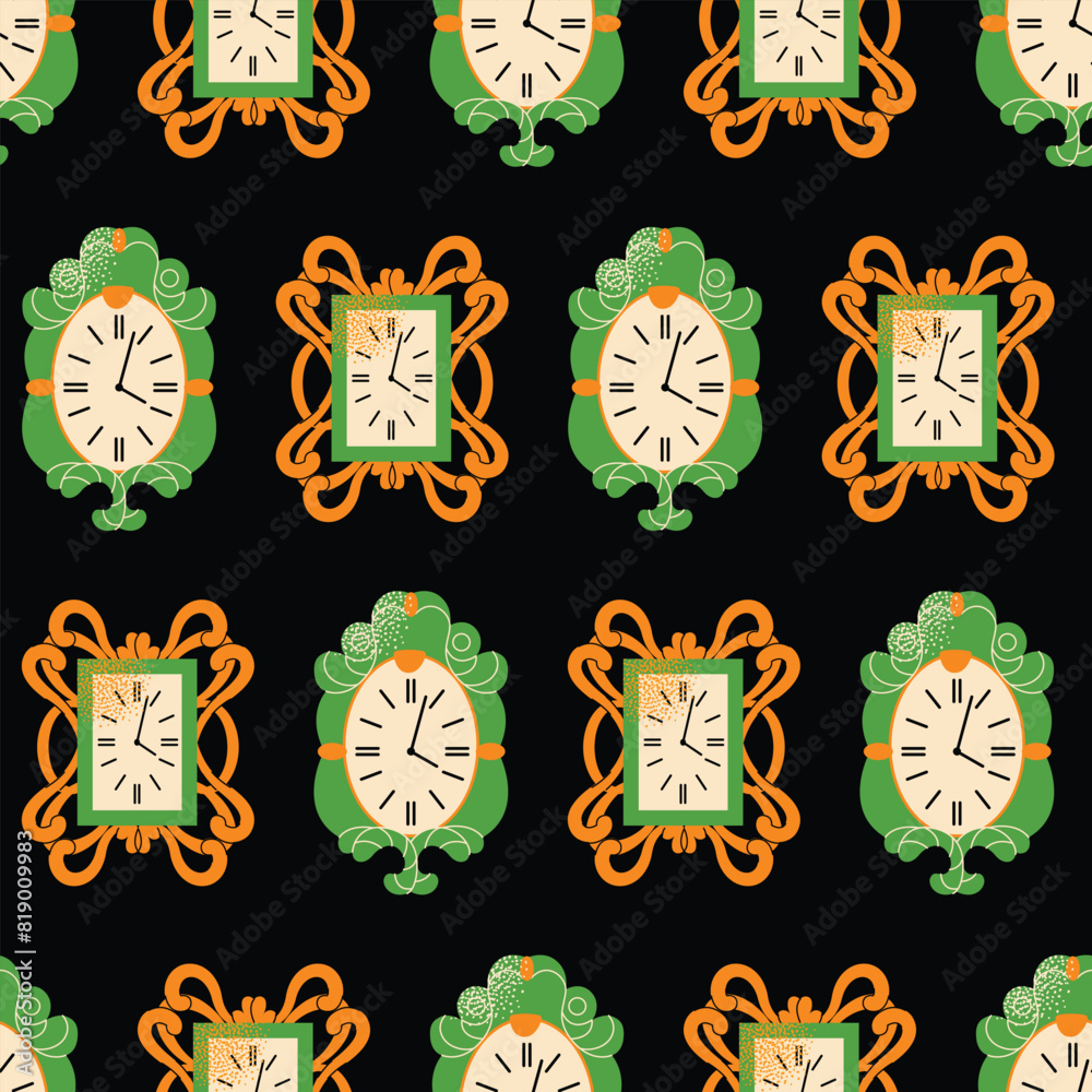 Obraz premium Seamless pattern with watches. Cartoon analog and modern timepieces. Digital interior chronometers. Retro alarm clock bright colors, modern design. Vector illustration isolated on background