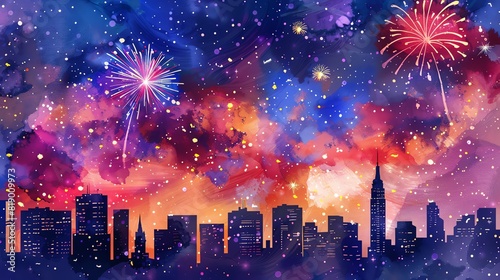 Illuminated skyline with fireworks and sparkling stars celebrating 4th of July, dynamic and festive watercolor palette