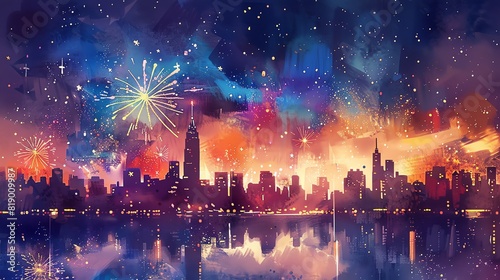 Illuminated skyline with fireworks and sparkling stars celebrating 4th of July, dynamic and festive watercolor palette