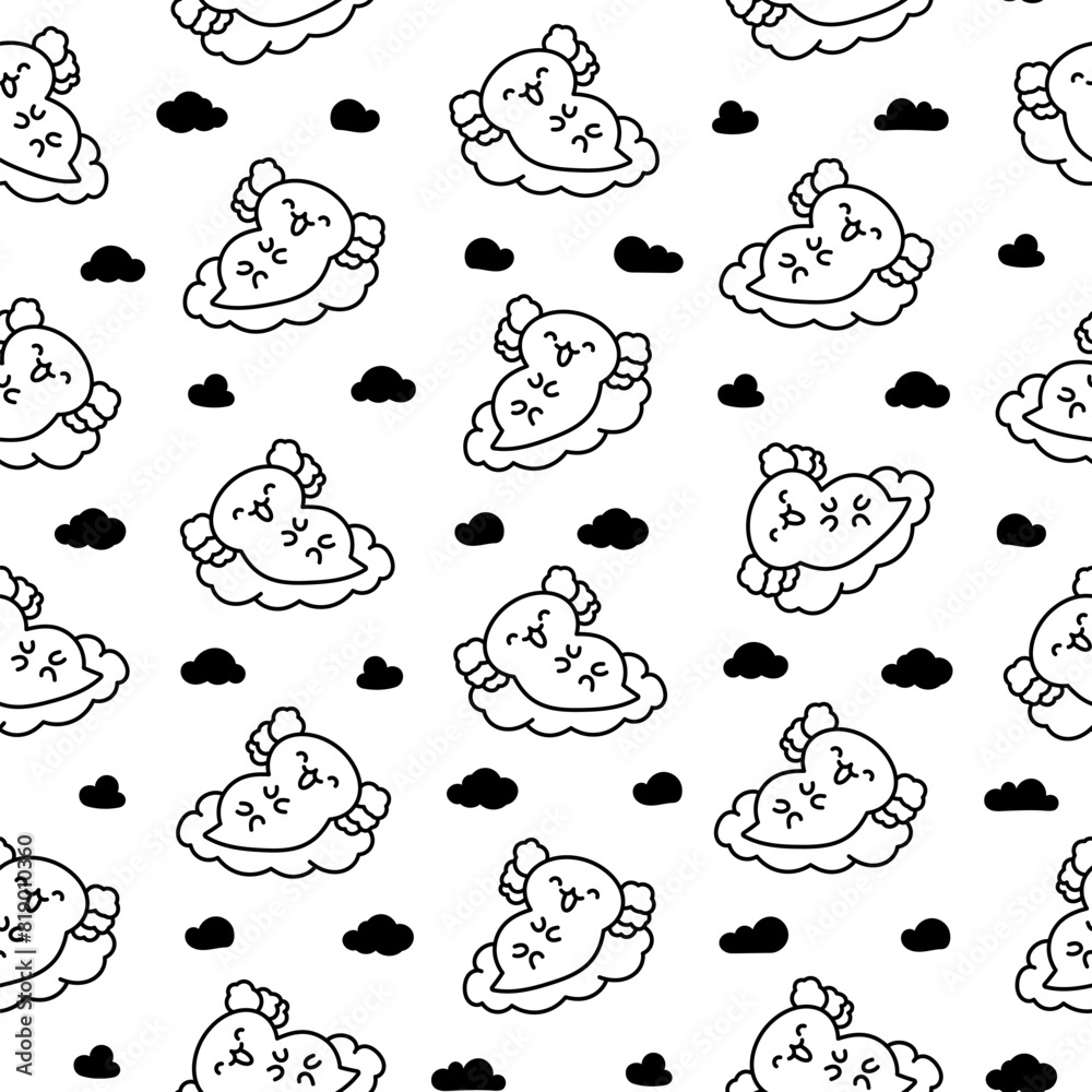 Fototapeta premium Cute kawaii baby axolotl. Seamless pattern. Coloring Page. Cartoon funny animals character. Hand drawn style. Vector drawing. Design ornaments.