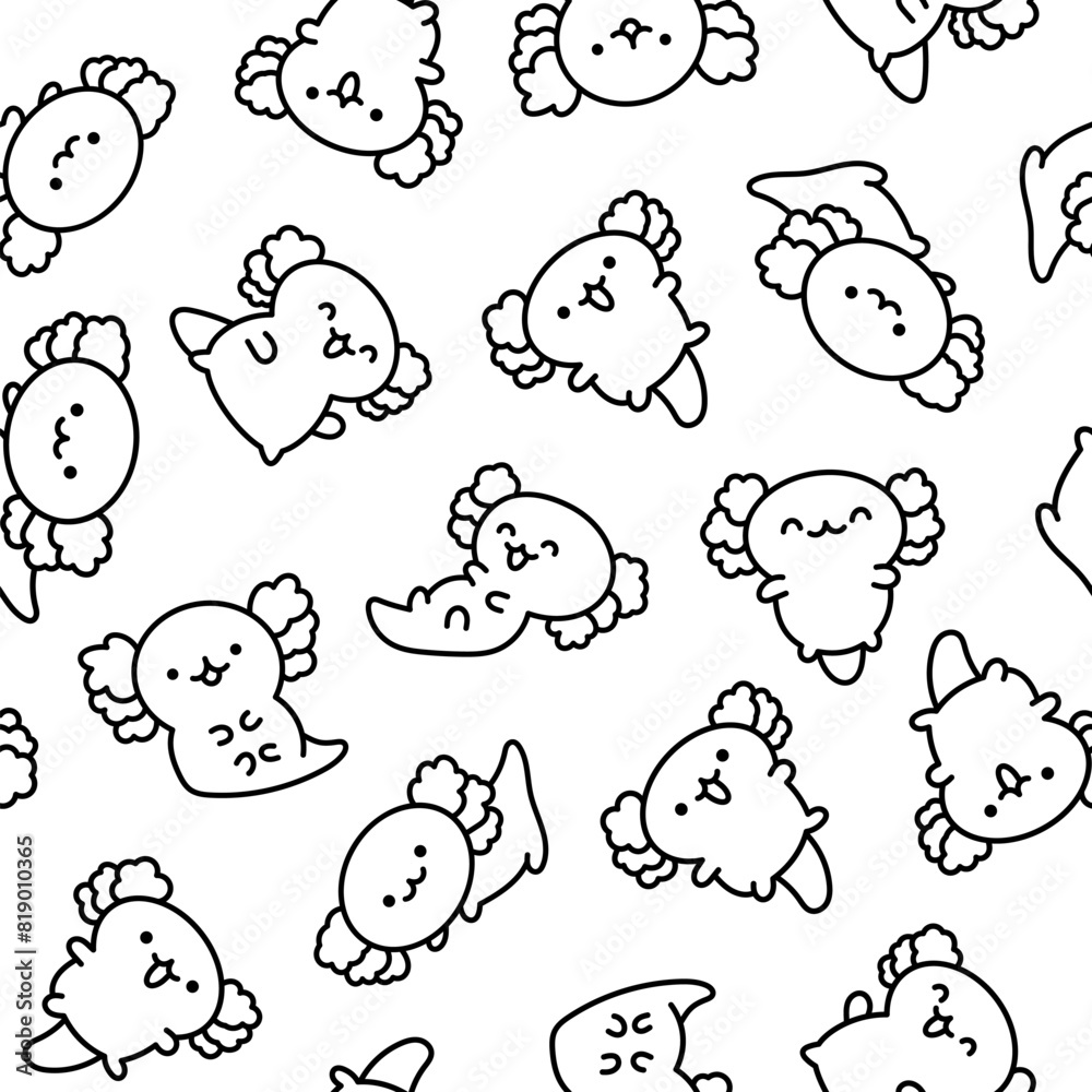 Cute kawaii baby axolotl. Seamless pattern. Coloring Page. Cartoon funny animals character. Hand drawn style. Vector drawing. Design ornaments. Cute kawaii baby axolotl. Seamless pattern. Coloring Page. Cartoon funny animals character. Hand drawn style. Vector drawing. Design ornaments.