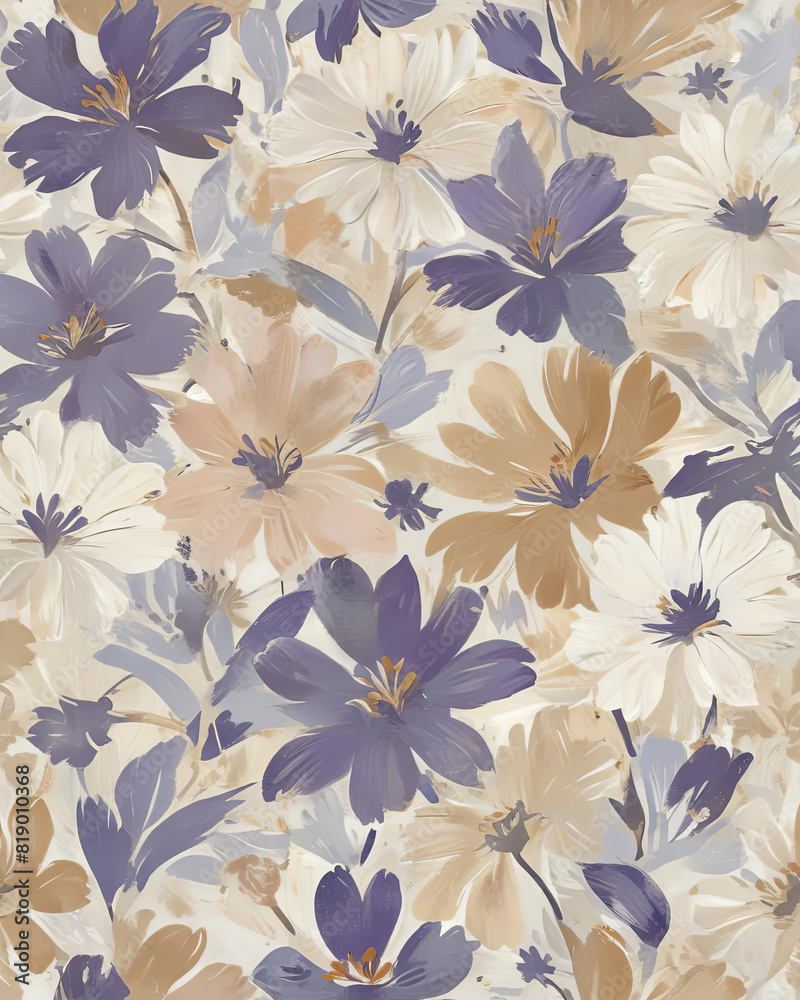 Vintage Matisse-Inspired Violet and Tan Floral Print Gen AI