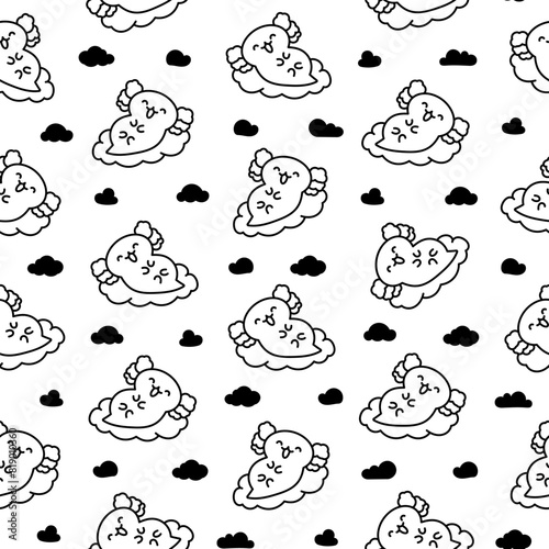 Cute kawaii baby axolotl. Seamless pattern. Coloring Page. Cartoon funny animals character. Hand drawn style. Vector drawing. Design ornaments.