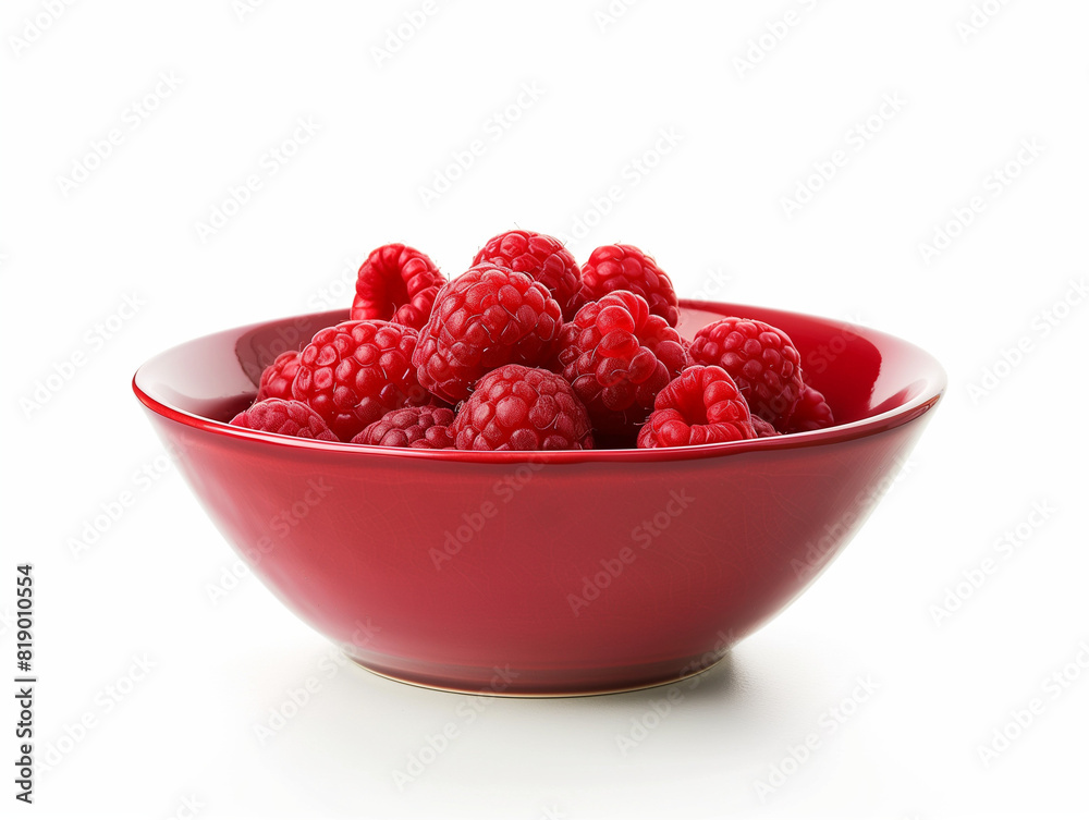 Red Bowl of Fresh Raspberries in Detailed Close-Up, White Background Red Bowl of Fresh Raspberries in Detailed Close-Up, White Background